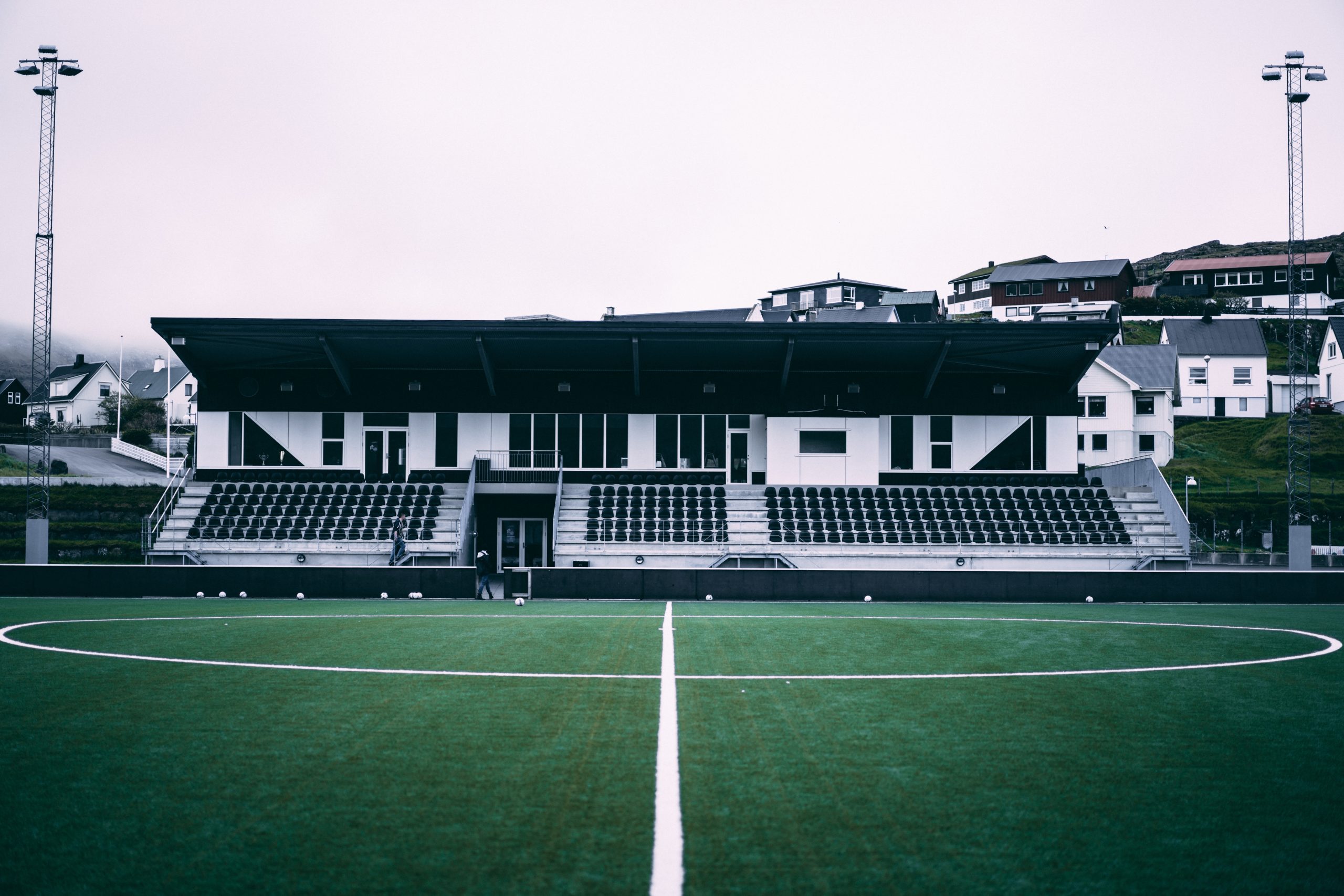 horizontal view of little football stadium on the faroe islands.